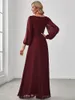 Elegant Evening Dresses Long Lantern Sleeves V-neck ever pretty of A-LINE Chiffon Burgundy flower beltbelt Prom Dress Women 240103