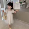 Flickaklänningar 2024 Summer Luxury Kids Dress Korea Style Kort ärm Bubble Square Collar Design Fashion for Girls