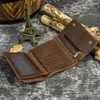 Plånböcker äkta läder vintage män plånbok med kedjedragare koppling manlig kort trifold handväska korthållare myntficka gåva