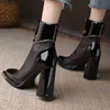 Sexy Black Mesh High Heels Ankle Boots Women Autumn Front Zipper Patent Leather Boots Woman Square Toe Thick Heeled Pumps 240103