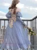 Casual Dresses Blue Lolita Dress Women 2024 Spring Long Sleeve Square Collar Fairy Female Bandage Birthday Puff Ruffle