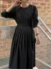 Casual Dresses Elegant Midi Dress For Women Long Sleeve Lace Up Pleated Slim A-Line Korean Chic Lady Fashion Vestidos Spring Autumn