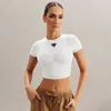 Summer White Women T-shirt Tops Tees Crop Bordado Bordado Sexy ombro preto Tampa preta top