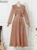 Elegant Women Muslim Maxi Dress ZANZEA Fashion V Neck Long Sleeve Satin Sundress Eid Mubarek Ramadan Turkey Abaya Long Vestidos 240103