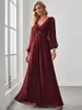 Elegant Evening Dresses Long Lantern Sleeves V-neck ever pretty of A-LINE Chiffon Burgundy flower beltbelt Prom Dress Women 240103