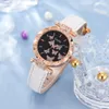 Reloj de lujo para mujer, 6 uds., anillo, collar, pendientes, pulsera, conjunto de relojes, correa de cuero de mariposa, reloj de pulsera de cuarzo para mujer, sin caja 240102