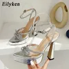 Eilyken chegou glitter strass mulheres bombas moda dedo do pé apontado cristal pvc sandálias transparentes salto alto sapatos femininos 240103