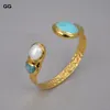 Armbänder GG Jewelry Natürliche weiße Keshi-Perle, grüne Amazonite, goldfarben plattierter Armreif für Frauen im Vintage-Stil