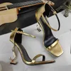 Opyum Sandalias Zapatos de vestir de diseñador Tacones de mujer Letras de metal Tacones altos Charol Fiesta de lujo Boda Bombas de moda Zapatos de mujer con punta abierta sexy Tamaño 35-41