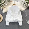 Blouses pour femmes Vintage Satin femmes bouffées à manches longues chemise et chemisier dos fermeture éclair élégant mode coréenne Blusas De Mujer Drop