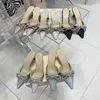 MachMach Talons Femmes Pantoufles Sliders de haute qualité Sandales de créateurs Talon classique Talon Satin Bow Pompes Cristal Embelli Occupation Sexy avec boîte Sac à poussière