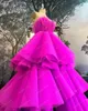 Dresses Fuchsia Two Pieces Prom Dresses Women Puffy Aline Front Open Tiered Ruffled Tulle Skirt Strapless Sweetheart Pleated Rufflestop