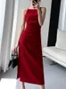 Casual Dresses Korean Summer Elegant Slim Red Sleeveless Midi Dress Office Lady Fashion Spaghetti Straps Bodycon Split Clothes Women