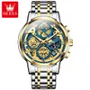 OLEVS Men's Watches designer watch luxury watch Top Brand clean Original Waterproof Quartz Watch for Man 42mm Gold Skeleton Style 24 Hour Day Night New with box 9947