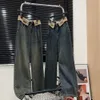 MM24 Autunno/inverno nuovi pantaloni alla moda ricamo lettera lavaggio vecchi jeans da donna versatili a vita ribaltata con gamba dritta