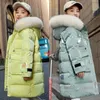 6-14 Years Girls Down Jacket Winter Keep Warm Long Style Parka Hooded Zipper Fur Collar Girls Outerwear Christmas Kids Clothes 240103