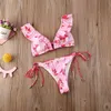 Verão praia mulheres halter bandagem floral impressão bikini conjunto push up acolchoado flor babados maiô traje de banho 240103