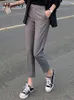 Yitimoky Pant Office Ladies Grey Suit Straight Cargo AnkleLength Pants Summer Korean Vintage High Waist Clothing 240104