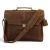 Briefcases Vintage Crazy Horse Leather Men Briefcase Large Business Bag Genuine 15"laptop Tote Shoulder Portfolio Brown