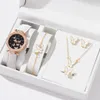 Reloj de lujo para mujer, 6 uds., anillo, collar, pendientes, pulsera, conjunto de relojes, correa de cuero de mariposa, reloj de pulsera de cuarzo para mujer, sin caja 240102