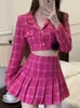 Fall Small Fragrance Vintage Tweed Two Piece Set Women Crop Top Woolen Short Jacket Coat Mini Skirts Sets Sweet 2 Piece Suits 240103