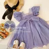 Flickaklänningar 2024 Summer Luxury Kids Dress Korea Style Kort ärm Bubble Square Collar Design Fashion for Girls