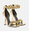 Eleganckie złote paski ogniwa łańcucha skórzane sandały Buty buty z zapinane pięcie Pumki luksusowe marka damskie obcasy EU35-42.box