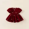 Children Clothing Girls Red Velvet Dress Christmas Party Flower Pearl Short Sleeve Dresses Kids Princess Gown Vestido for Baby 240104