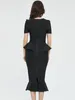 Work Dresses Est Women Winter Sexy Square Collar Ruffles Black Midi Bodycon Skirt Set 2024 Elegant Evening Club Party Outfits