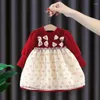 Girl Dresses Girls Casual Autumn Season Long Sleeved Baby Bow Knot Mesh Yarn Princess Puff Sleeve Striped Round Collar