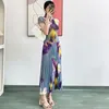 Vestidos de trabalho miyake plissados elegante floral impresso magro camiseta cintura alta plissada a linha midi saia de duas peças nicho moda terno outfit