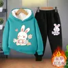 Meninos meninas velo quente hoodies calças ternos primavera outono inverno dos desenhos animados casaco camisola camisolas 2 pçs/set para criança 2-12y 240104