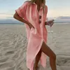 Casual Dresses Summer Loose Shirts 2024 Fashion Solid Lapel Button Long Beach Dress with Belt Tunic Sleeve