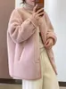 Kvinnors jackor kvinnor kläder höst vinter v nacke plysch jacka koreansk mode lamm ullrock taro lila fast varm varm