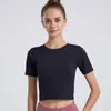 ll T-Shirt à manches courtes pour femmes, haut de sport européen et américain, couleur chair, élastique, fin, dos croisé, Yoga, Fitness