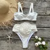 Twee Stukken Vrouwen Bloemen Lace Up Push-Up Bh Witte Bikini Set Badpak Badmode Badpak Beachwear Biquini 240103