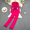 Women's Two Piece Pants 2024 Panelled Knitted Sets Fashion Long Sleeve V Neck Tie Knitwear Wide Leg Pant Women OL Sweater Pieces Suits