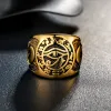 Egyptian Pharaoh Eye of Horus Rune Amulet Rings Mens Ankh Cross 14K Gold Rings Biker Ring Jewelry