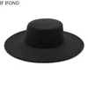 French Women's Hat Big Wide Brim 10cm Fedora Hat Winter Wool Derby Wedding Jazz Hats Flat Top Felt Hatt 240103