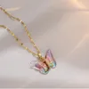 Colares de pingente de titânio aço colorido borboleta colar com zircão gradiente cor mulheres jóias de luxo temperamento de alta qualidade