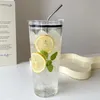 Kreativer 1000-ml-Wasserbecher aus Glas mit großem Fassungsvermögen, hochtemperaturbeständiges Trinken für Mädchen zu Hause, mit Deckel und Strohhalm 240103