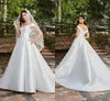 Abiti da sposa semplici in raso avorio a linea con tasca sexy con spalle scoperte Plus Size Abiti da sposa eleganti Boho Garden Sweep Train Ricevimento sposa Robes de Mariee CL3155