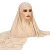 Nowy czoło Pearl Head Scarf Hat Solid Color Jersey Scalf Kobiety muzułmańskie natychmiastowe turban turban bandaż szal owinę amira czapki