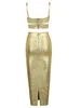 Work Dresses Women Summer Sexy Sleeveless Backless Bronzing Gold Midi Bodycon Skirt Bandage Set 2024 Elegant Evening Club Party Outfits