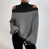 Kvinnors T-skjortor Fashionabla axeldesign T-shirt för höst- och vinterlyktans ärm tryckt Pullover Half High Neck Top