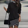 Women Solid High Neck Mini Sweater Dress Winter Casual Long Sleeve Pullover Dress Fashion Autumn Hip Wrap Irregular Pencil Dress 240103