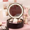 Circular Mirror With LED Light Portable Large Capacity Cosmetic Bag Handbags Makeup Portable Makeup Travel Cosmetic Storage Box 240103