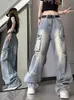 American High Street Mężczyźni i kobiety modne osobowość luźne jeansy z wieloma kieszonkowymi odzieżą roboczą Retro Hip Hop Wide Leg Casual Pants 240104