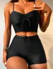 Kordelzug vorne Shorts Bikinis hohe Taille Badeanzug Frauen Bademode weibliche Badegäste Baden Schwimmen Badeanzug Beachwear 240103