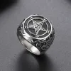 Mens 14K White Gold Ring Baphomet Goat Pentagram Ring Satanic Leviathan Cross Gothic Witch Rings Jewelry for Man